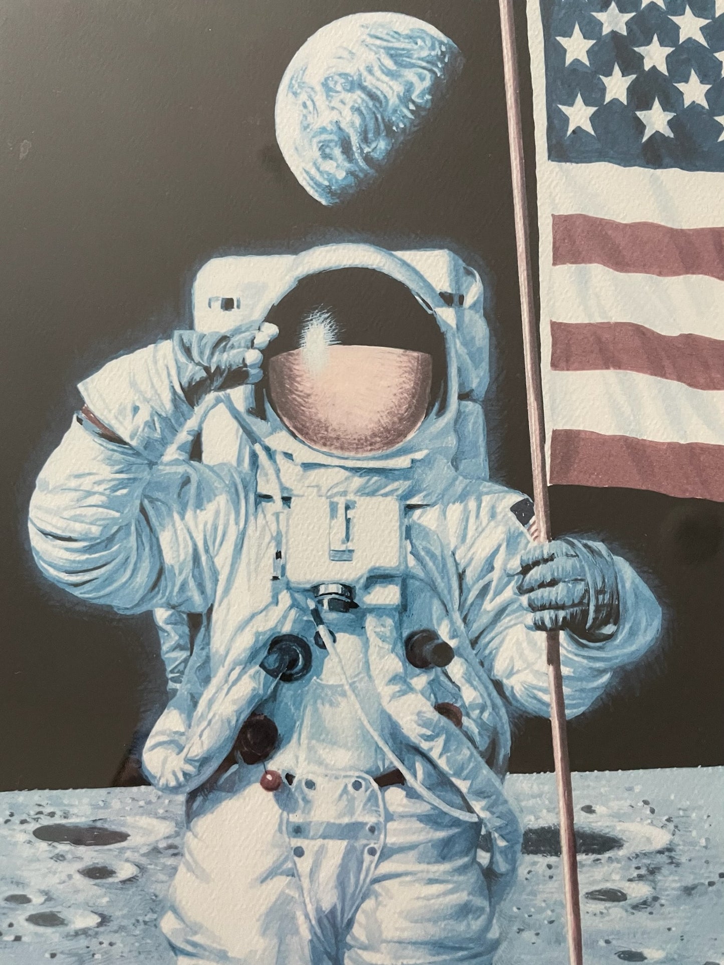 Illustration of an astronaut on the moon with Earth and American flag in the background