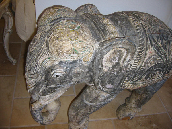Antique Pair of Hand Decorated Painted Distressed Elephant Sculptures
