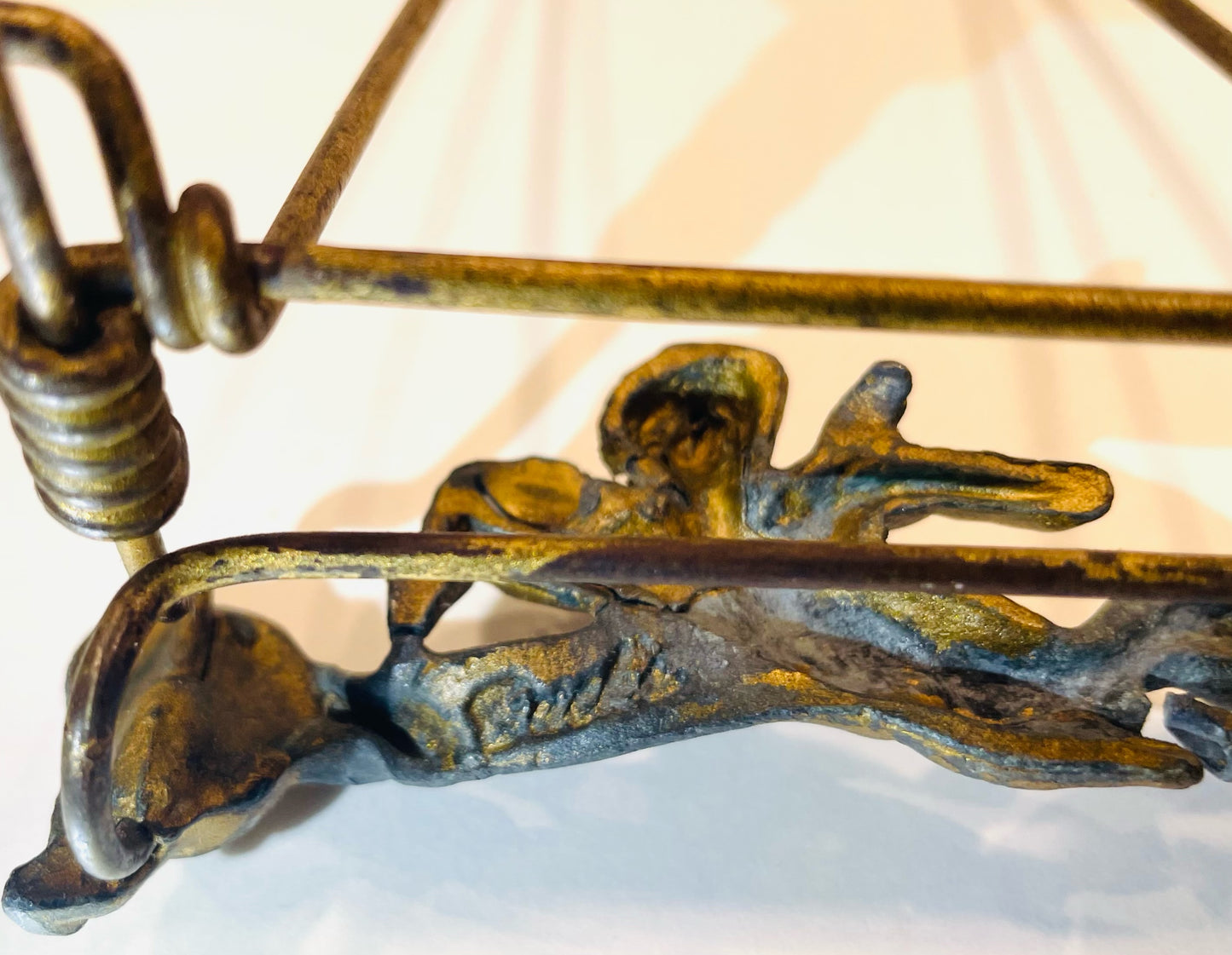 Bronze Cherub Easel With Signature Antique Table Decor
