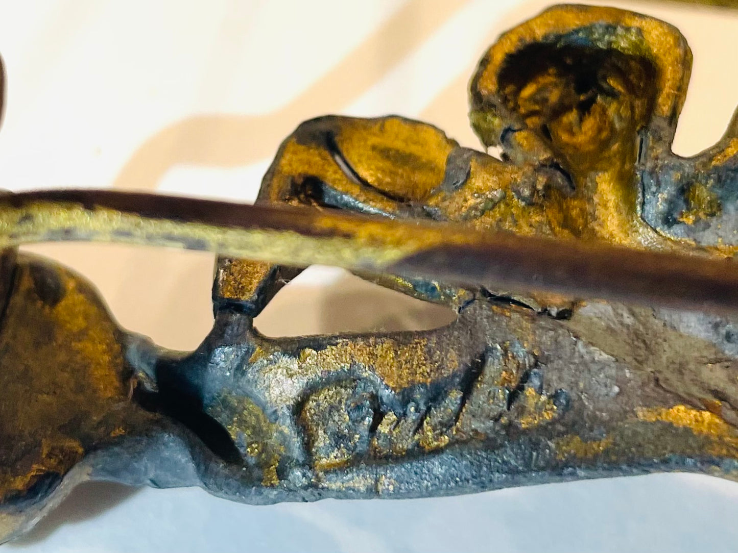 Bronze Cherub Easel With Signature Antique Table Decor