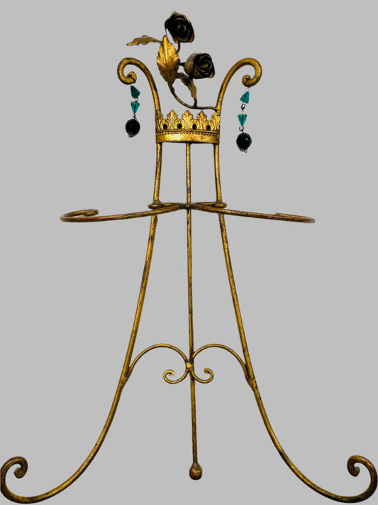 Bronze Rose Crest Vintage Tall Easel Decorated Green Glass Beads Drops