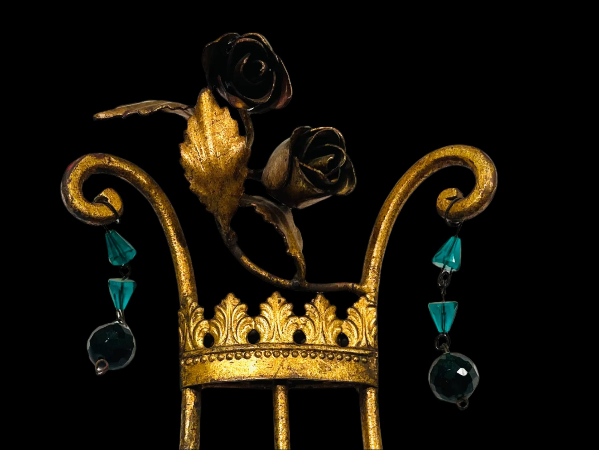 Bronze Rose Crest Vintage Tall Easel Decorated Green Glass Beads Drops