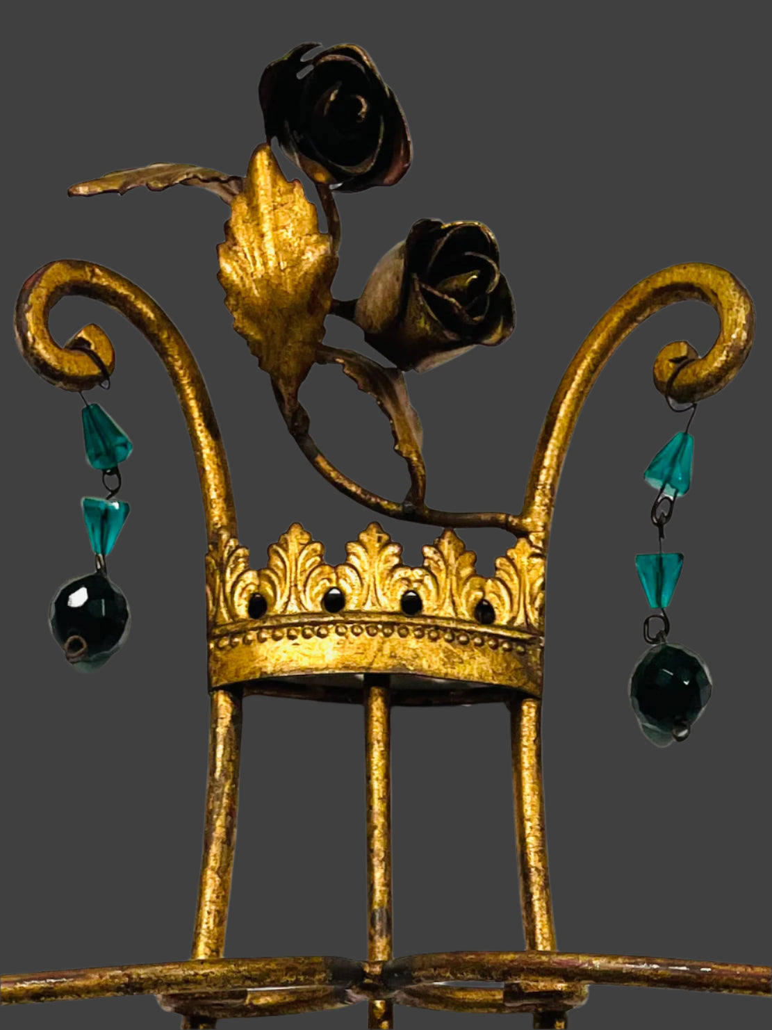 Bronze Rose Crest Vintage Tall Easel Decorated Green Glass Beads Drops