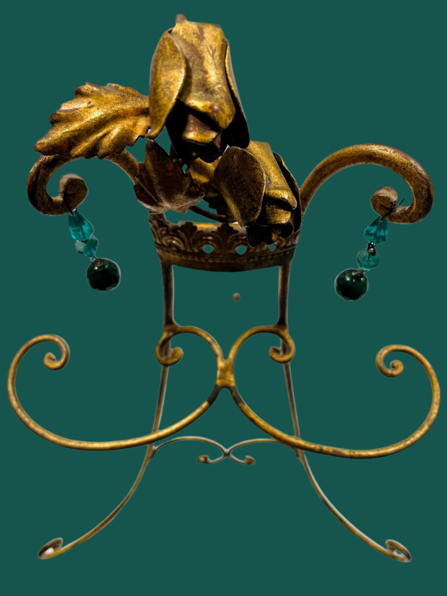 Bronze Rose Crest Vintage Tall Easel Decorated Green Glass Beads Drops