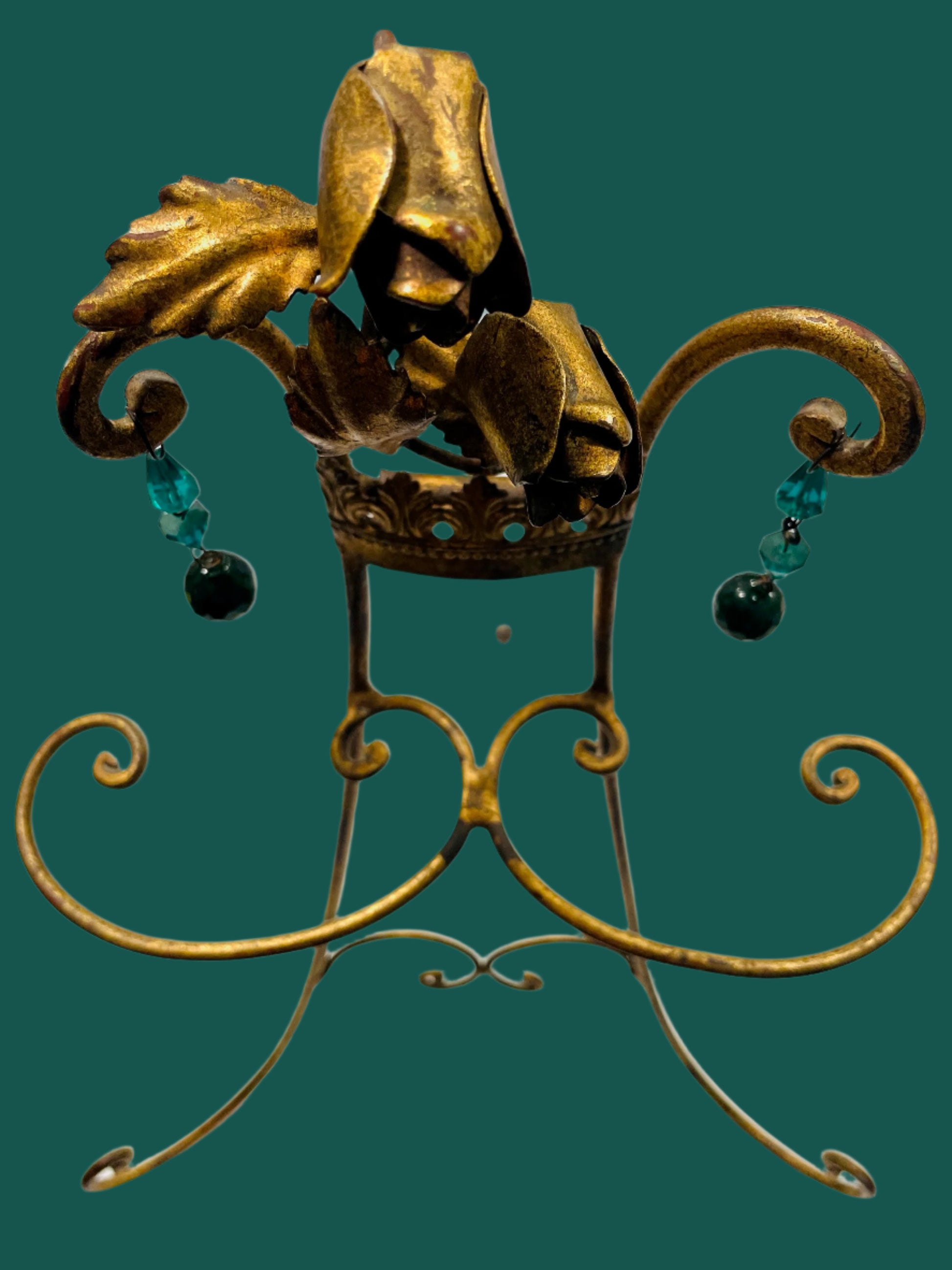 Bronze Rose Crest Vintage Tall Easel Decorated Green Glass Beads Drops