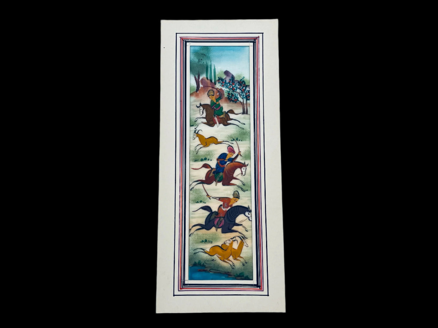 Miniature Painting Hunting Scene Persian Art In Khatam Frame With Artist Signature