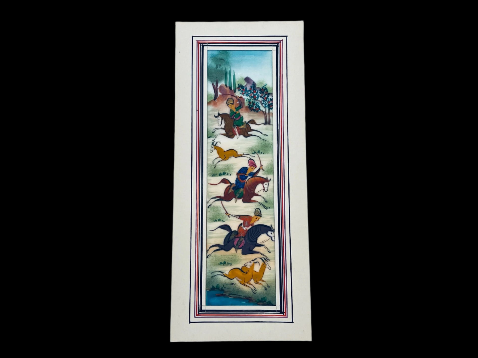 Miniature Painting Hunting Scene Persian Art In Khatam Frame With Artist Signature