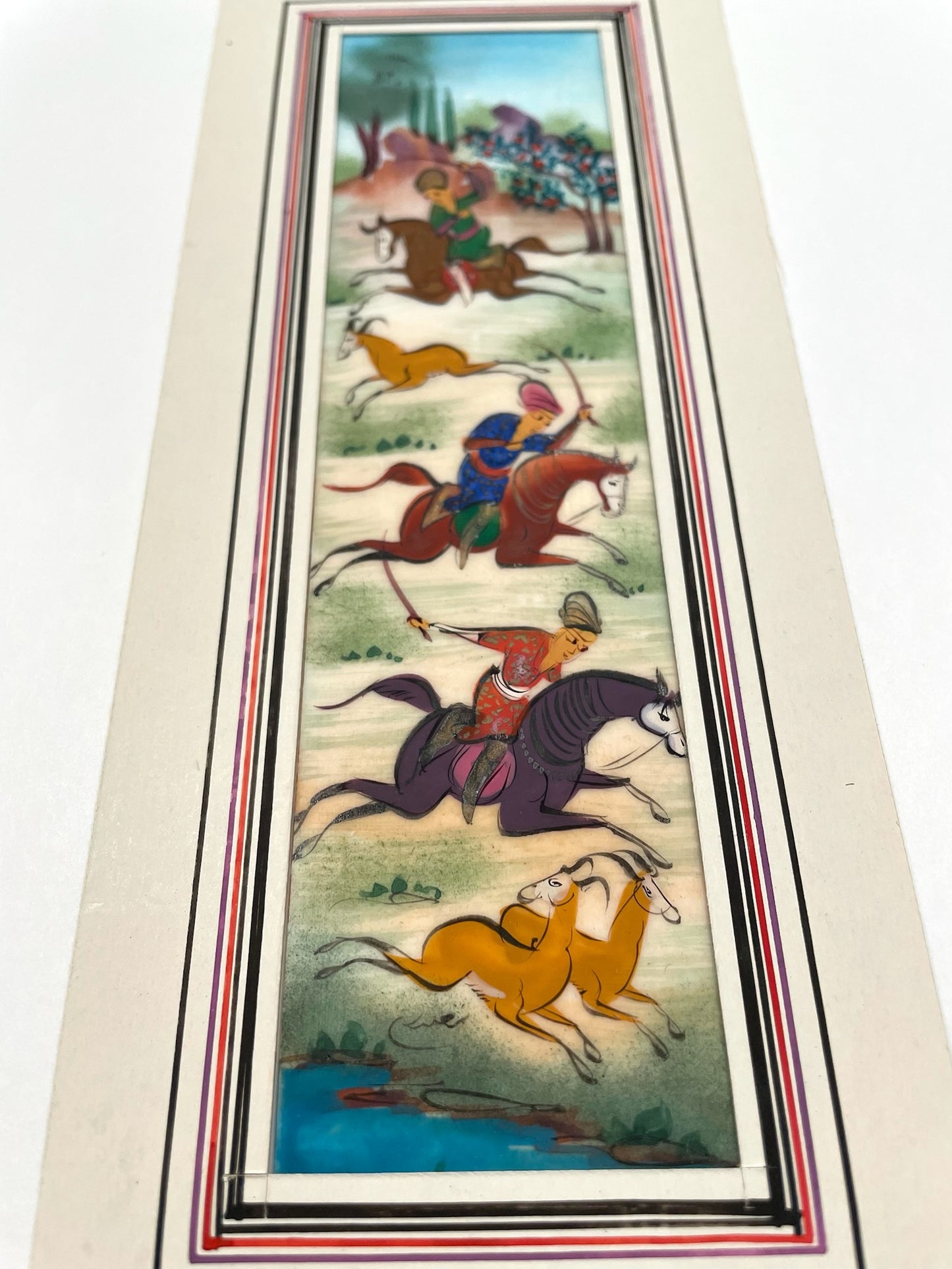 Miniature Painting Hunting Scene Persian Art In Khatam Frame With Artist Signature