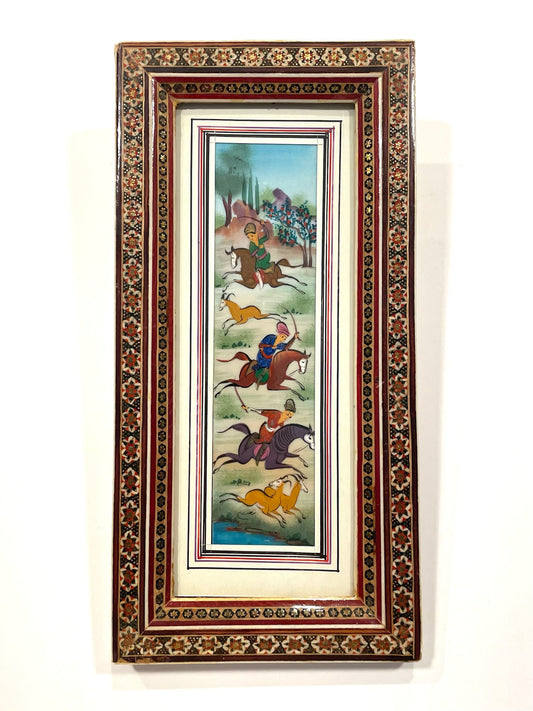 Miniature Painting Hunting Scene Persian Art In Khatam Frame With Artist Signature