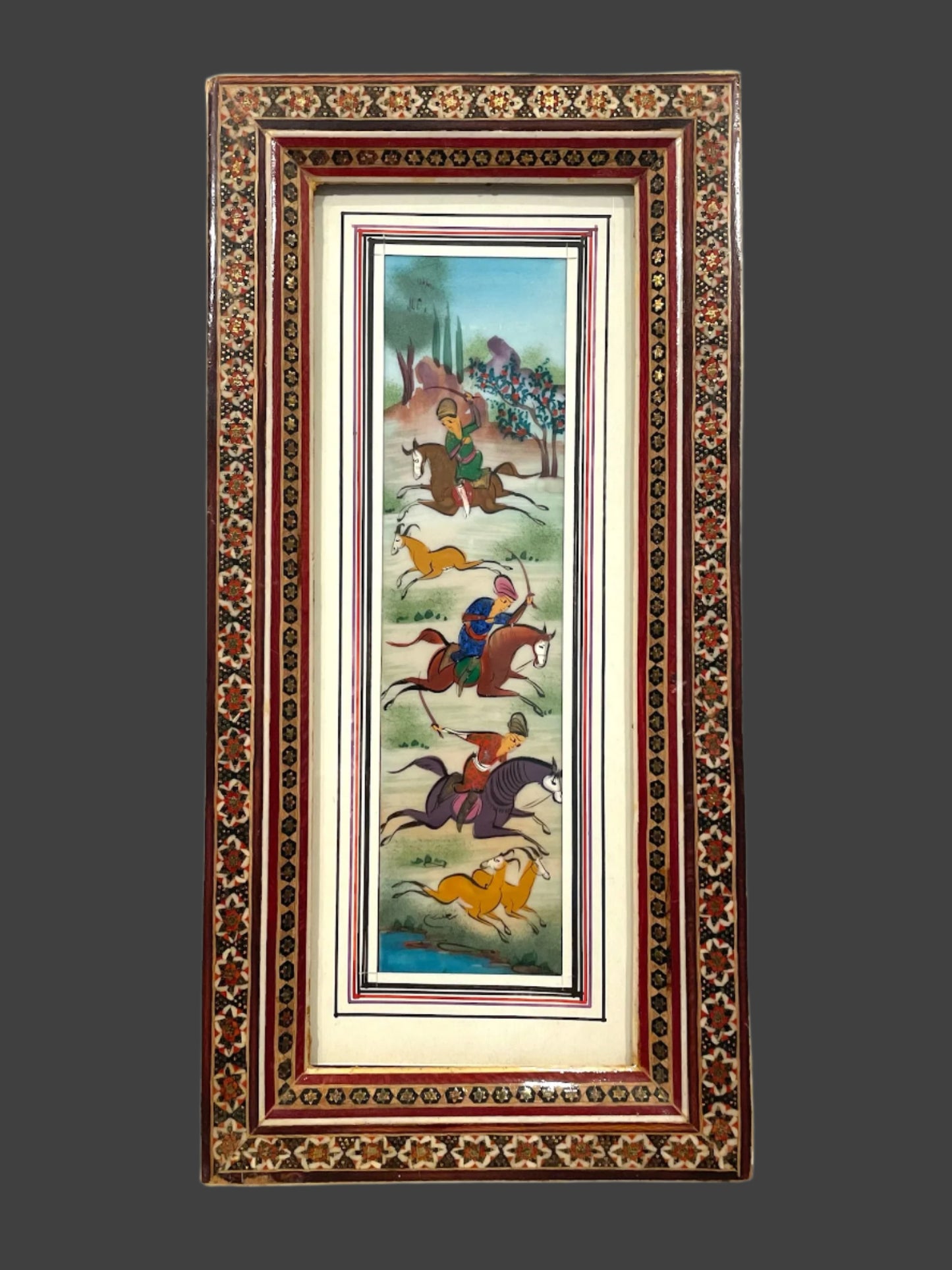Miniature Painting Hunting Scene Persian Art In Khatam Frame With Artist Signature