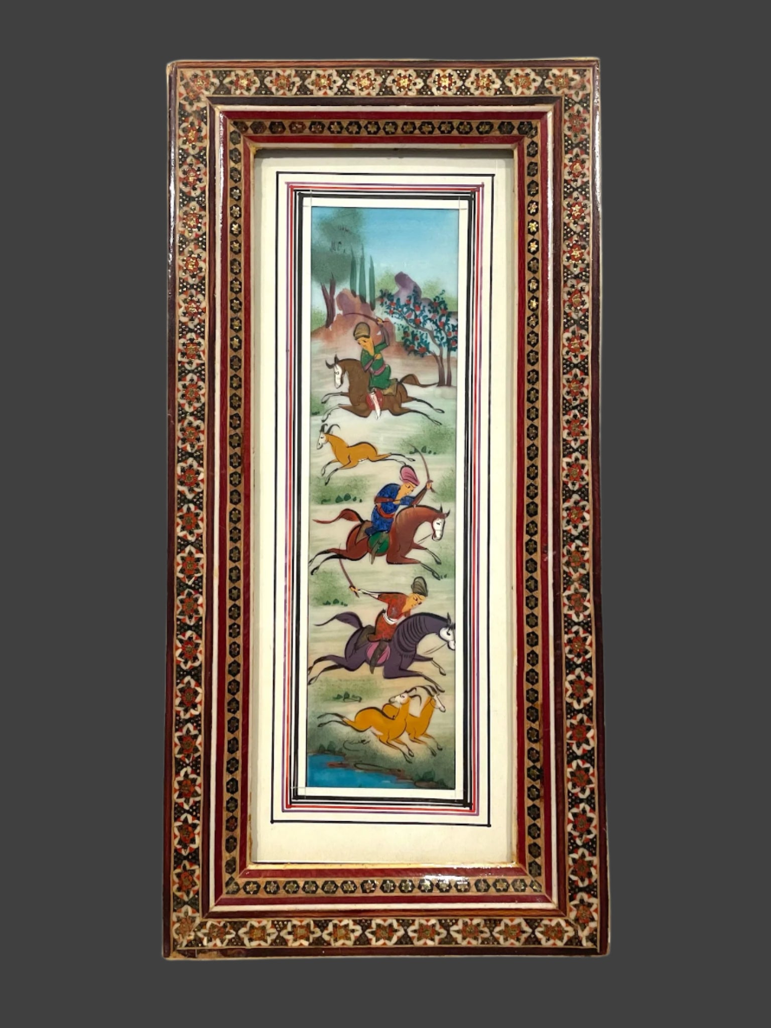 Miniature Painting Hunting Scene Persian Art In Khatam Frame With Artist Signature