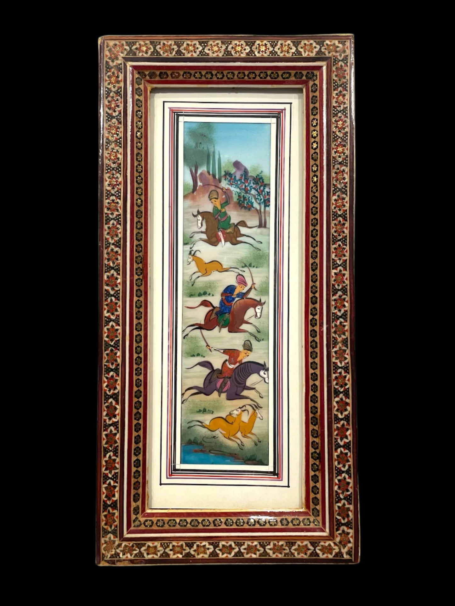 Miniature Painting Hunting Scene Persian Art In Khatam Frame With Artist Signature