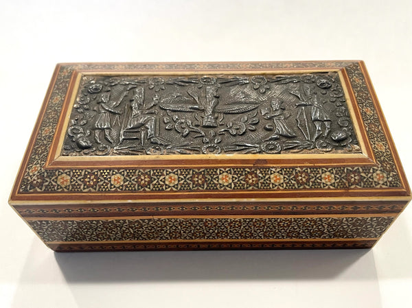 Khatam Box Persia Historic Silver Figurative Top Inlaid Marquetry