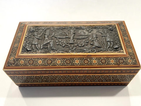 Shiraz Khatam Box Persia Historic Silver Figurative Top Inlaid Marquetry