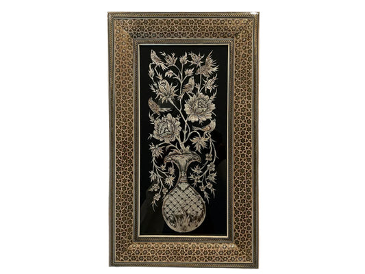 Traditional Persian Work of Silver and Gold Vintage Art In Khatamkari Inlaid Frame