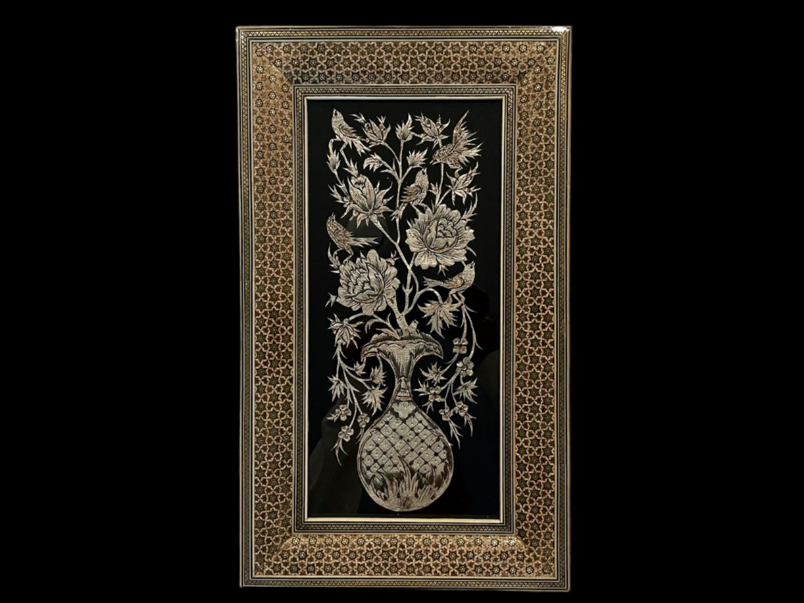 Traditional Persian Work of Silver and Gold Vintage Art In Khatamkari Inlaid Frame