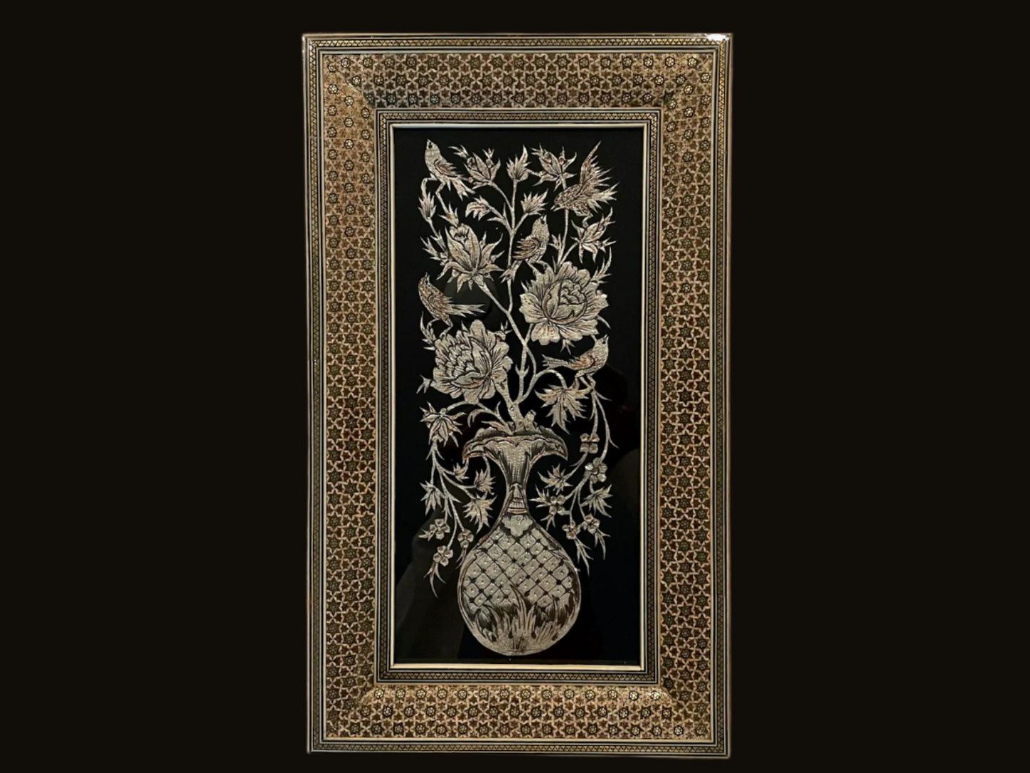 Traditional Persian Work of Silver and Gold Vintage Art In Khatamkari Inlaid Frame