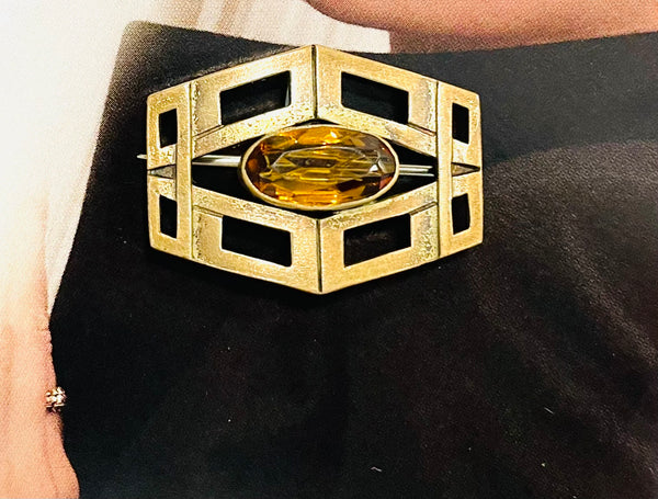 Art Deco Brass Abstract Brooch Centered Citrine Cabochon
