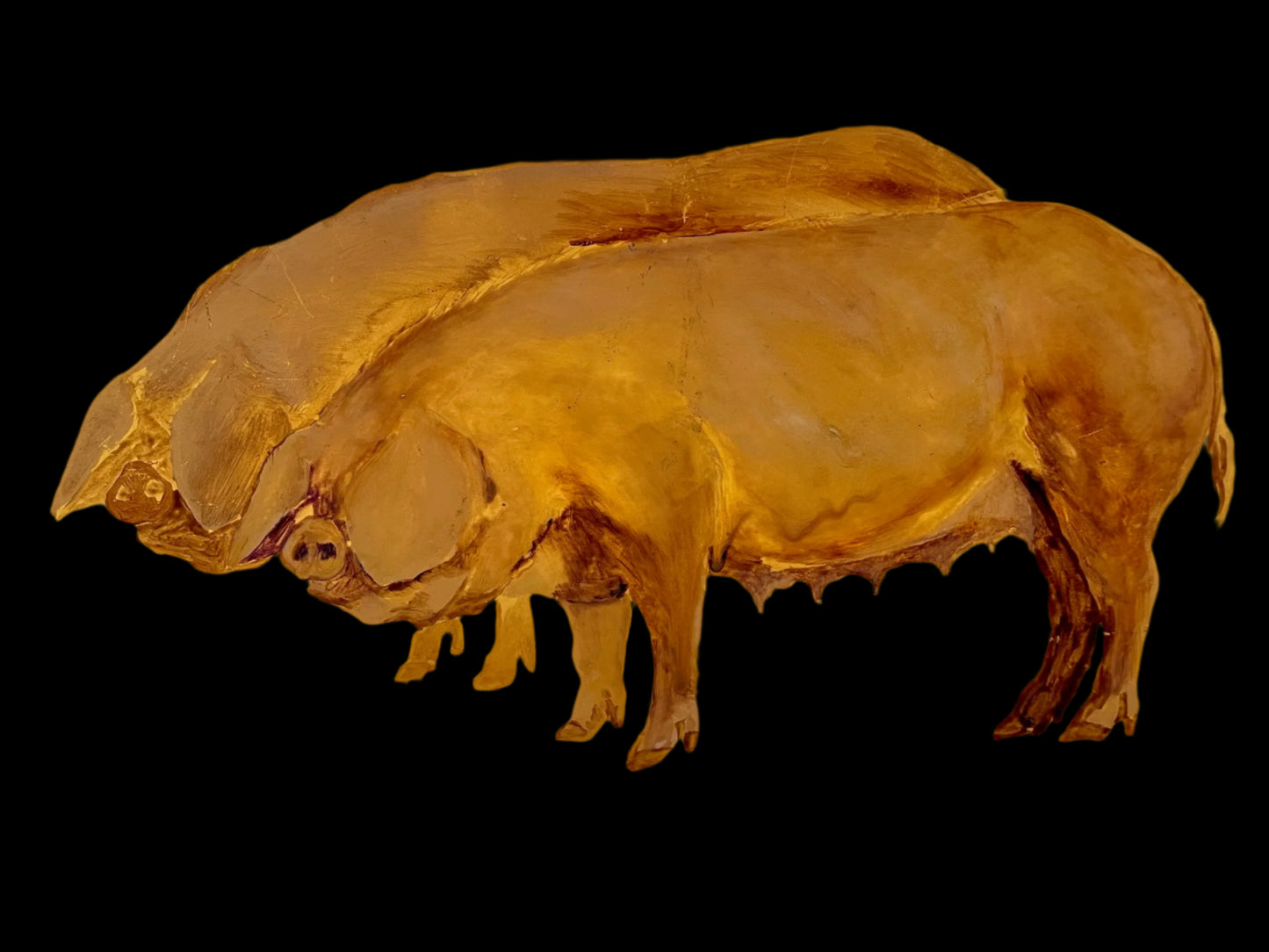 Artistic depiction of pigs on a gold background