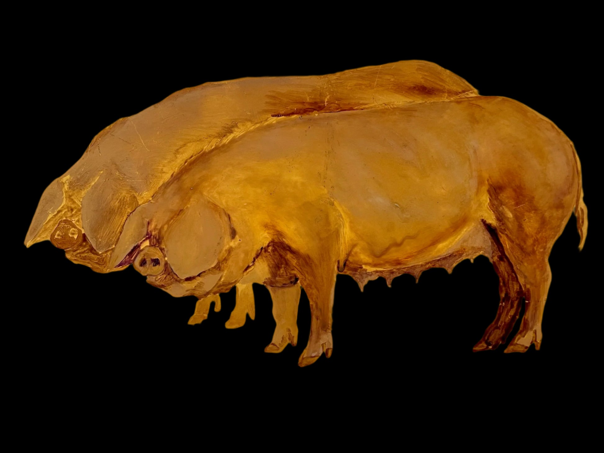 Artistic depiction of pigs on a gold background