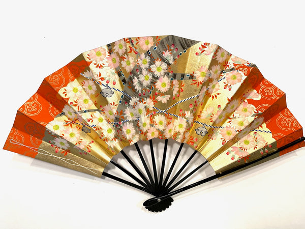 Japanese Dual Sided Paper Embossed Painted Gold Floral Folding Fan