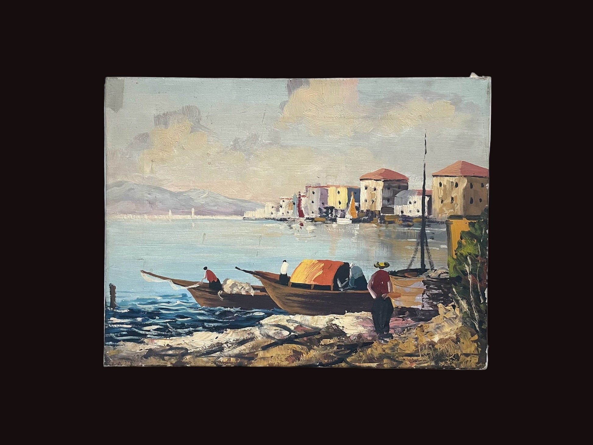 Painting of a coastal scene with boats and buildings.