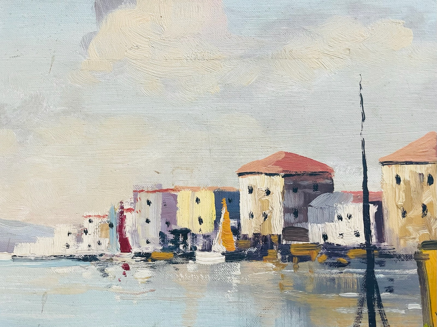 Painting of a coastal scene with buildings and boats.
