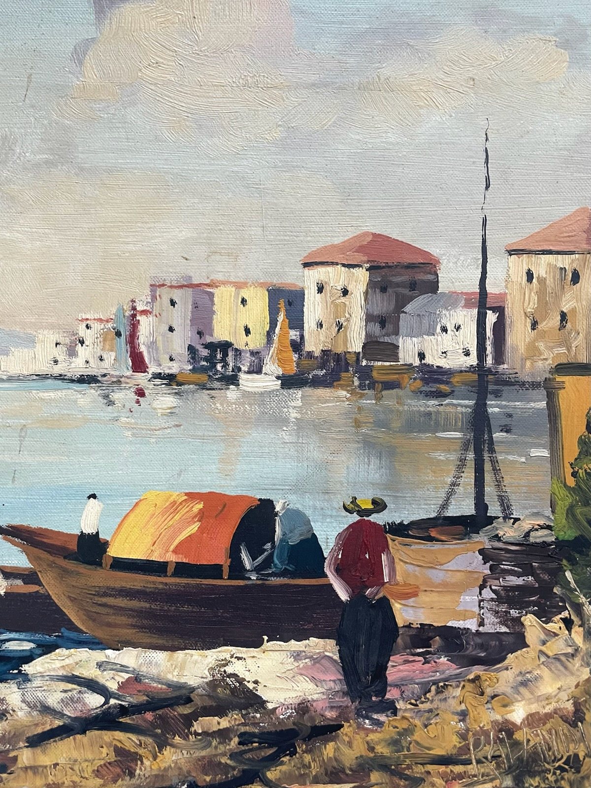 Painting of a harbor scene with boats and buildings.