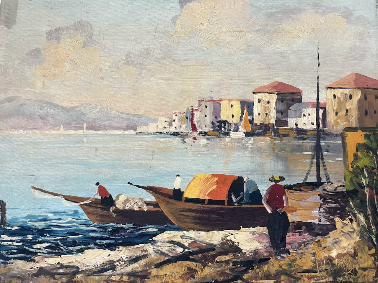 Painting of a harbor scene with boats and buildings in the background