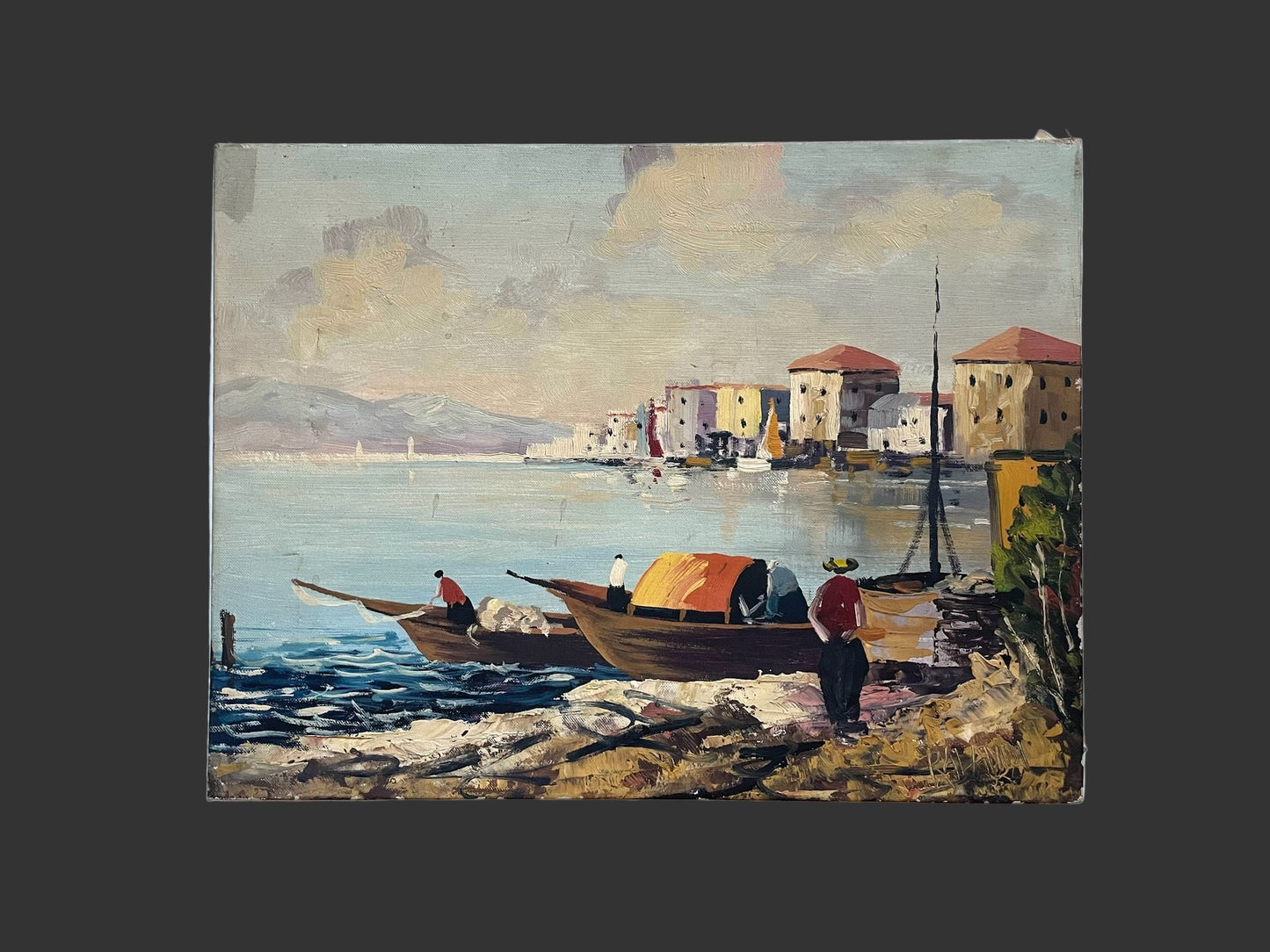 Painting of a coastal scene with boats and buildings.