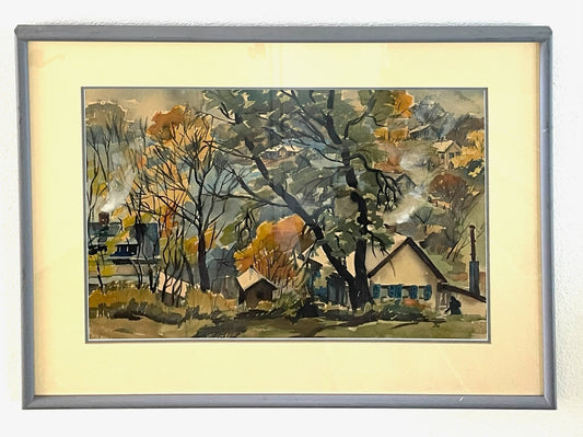 A watercolor landscape painting featuring trees with fall leaves, a cottage, and a rural road, signed by Ruth Van Sickle Ford, framed in a thin metal frame without glass.