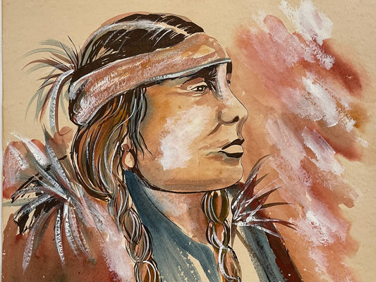 Melanie Boone Indian Portrait Signed Watercolor Gouache Impressionist Native Painting