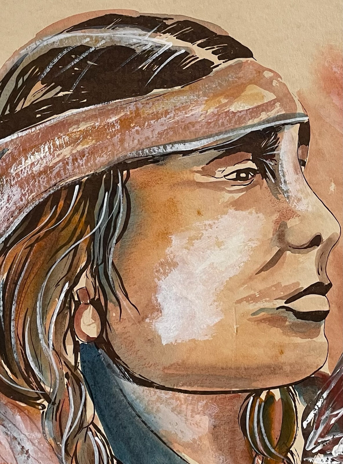 Melanie Boone Indian Portrait Signed Watercolor Gouache Impressionist Native Painting
