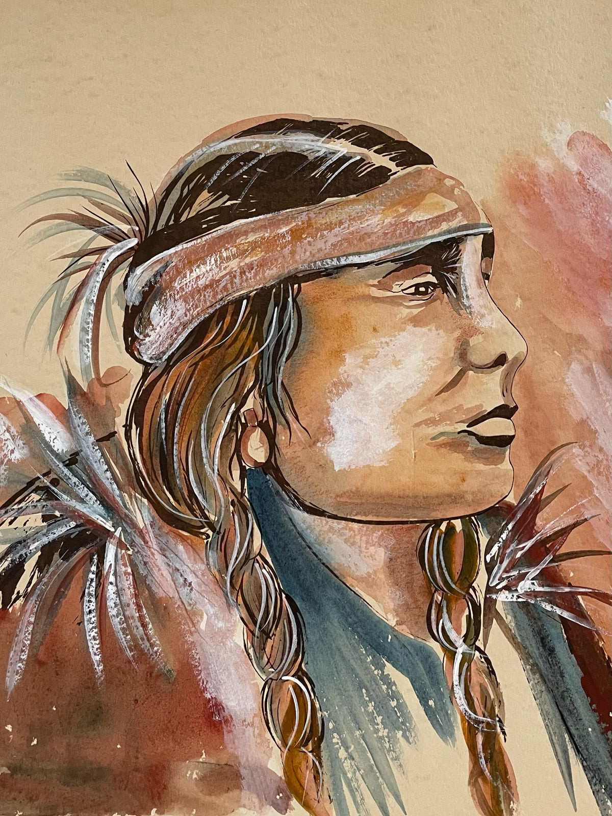 Melanie Boone Indian Portrait Signed Watercolor Gouache Impressionist Native Painting
