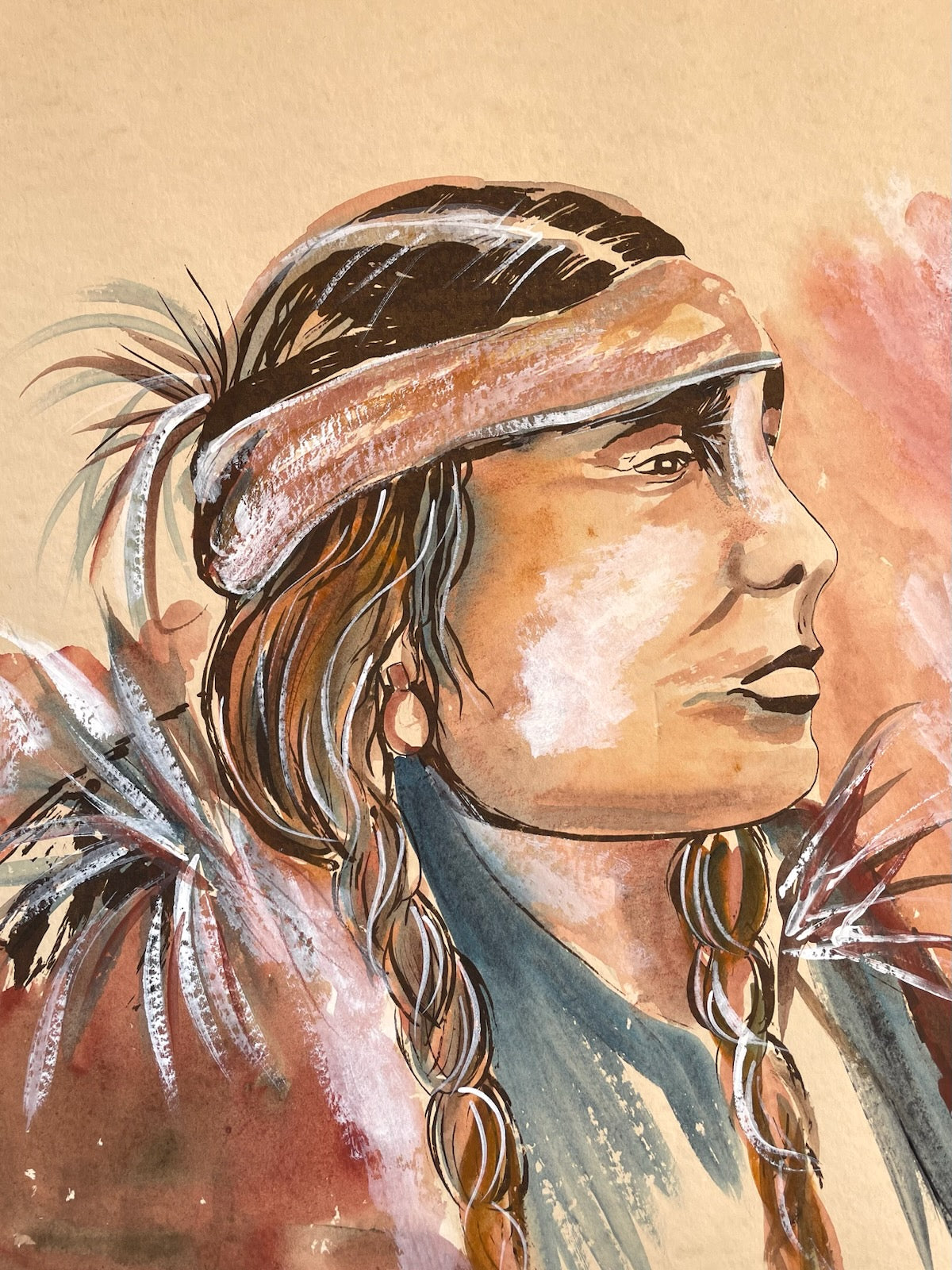 Melanie Boone Indian Portrait Signed Watercolor Gouache Impressionist Native Painting