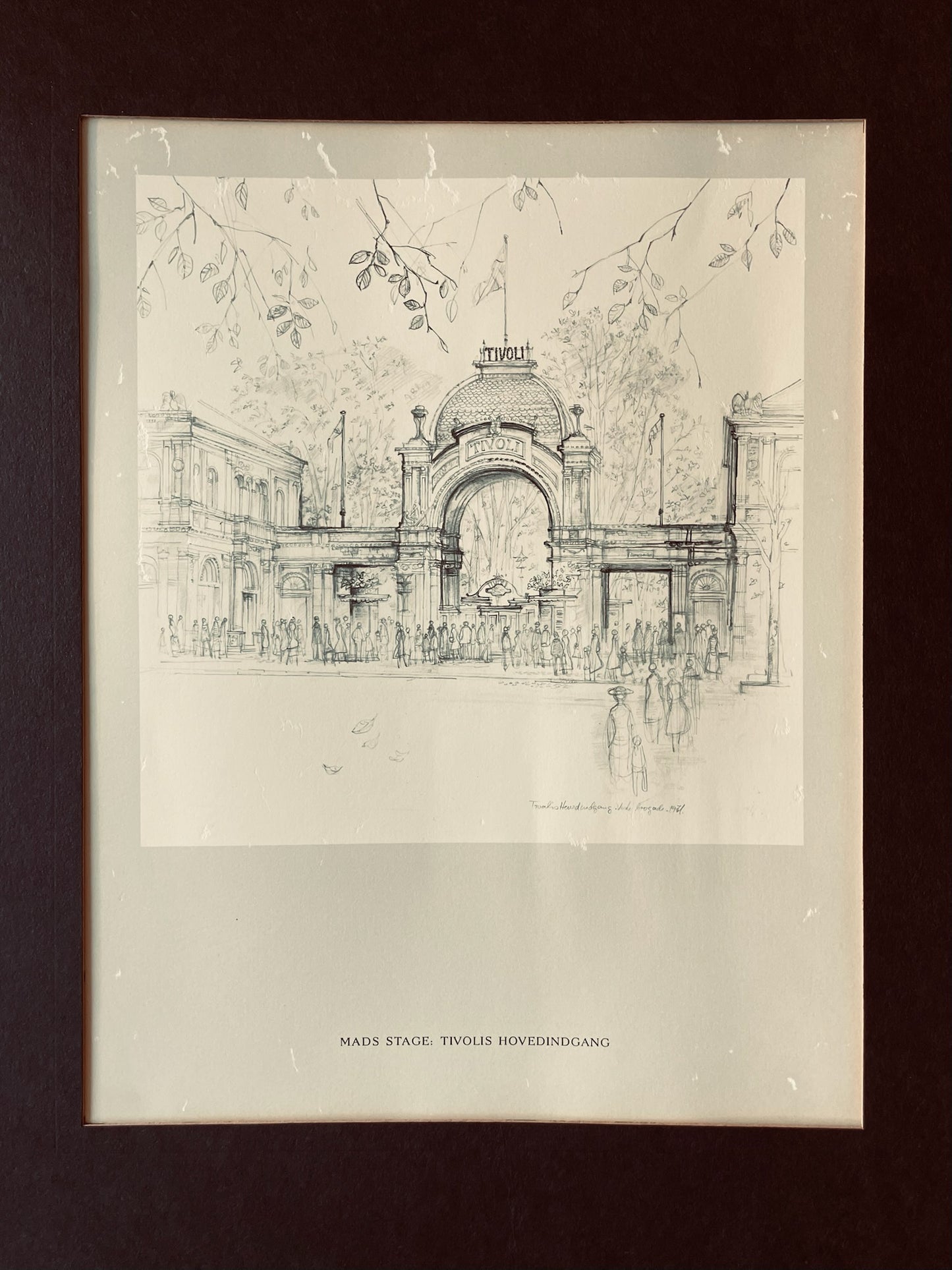 Two Black and White Danish Prints Tivoli Garden Harbor Scene Denmark Copenhagen