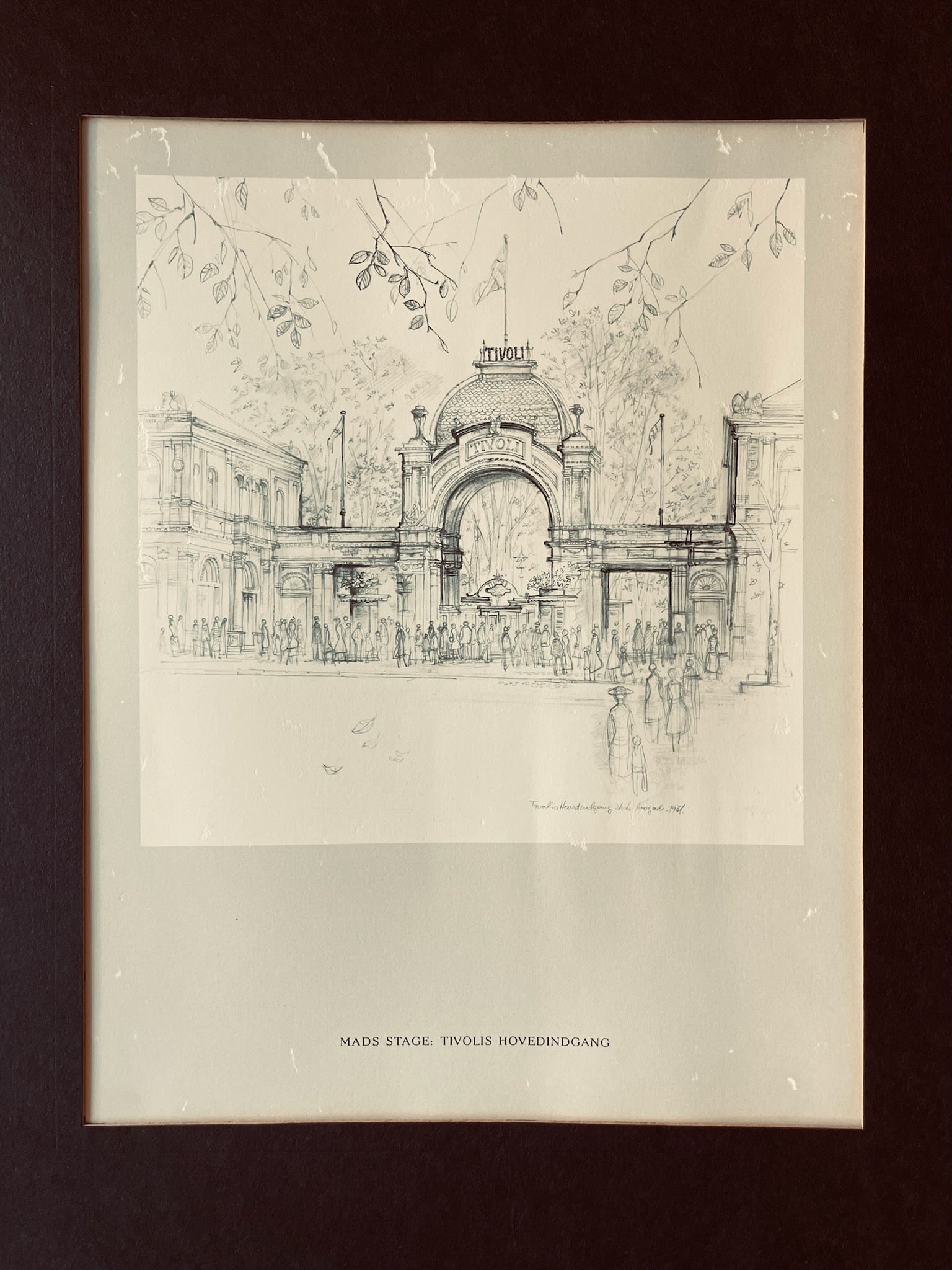 Two Black and White Danish Prints Tivoli Garden Harbor Scene Denmark Copenhagen