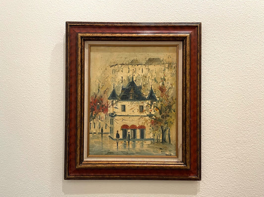 Impressionist Red Awning Architectural Artist Signed Oil On Canvas