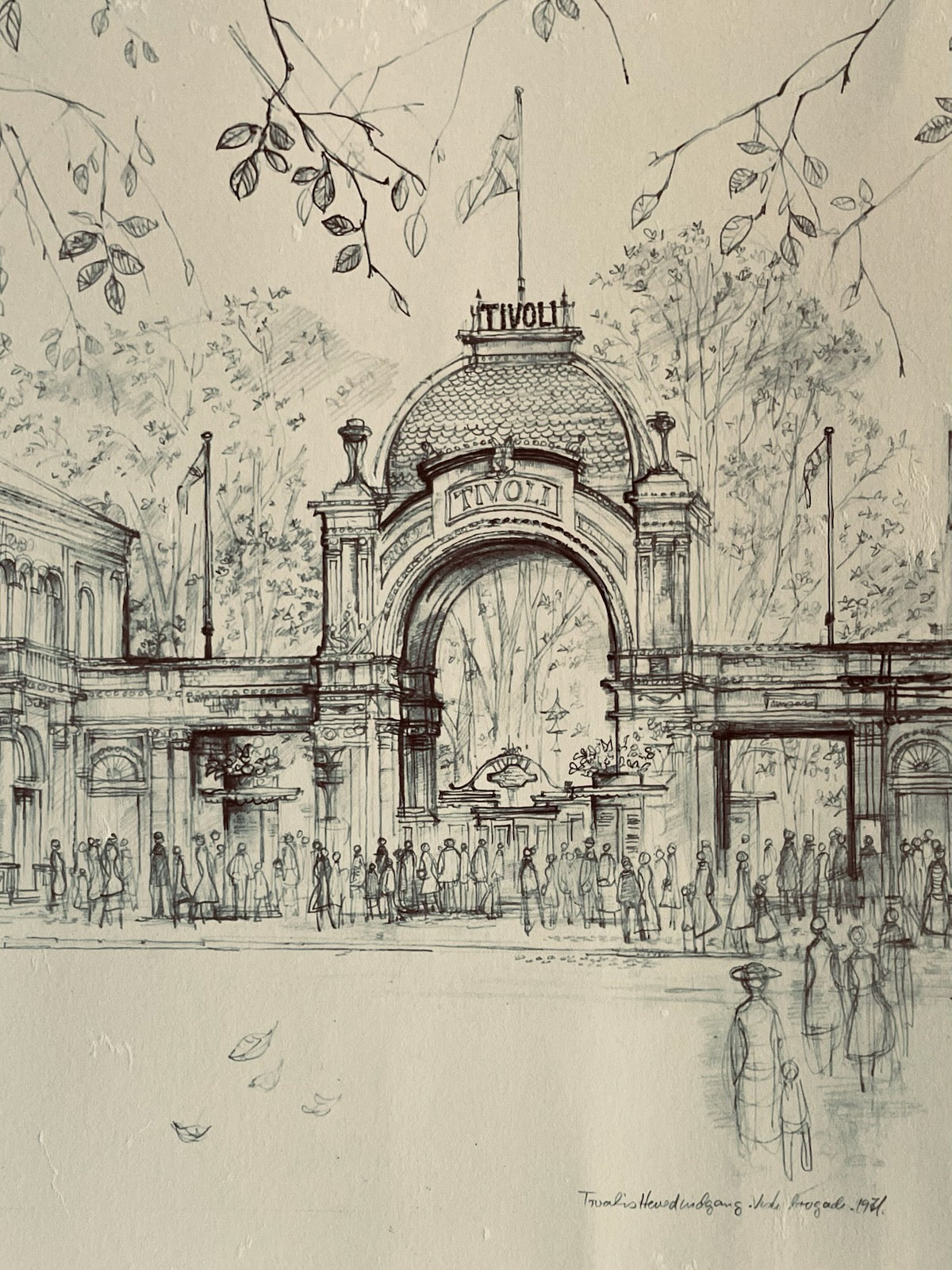 Sketched architectural drawing of a grand entrance with people around, featuring the brand 'Tivoli'.