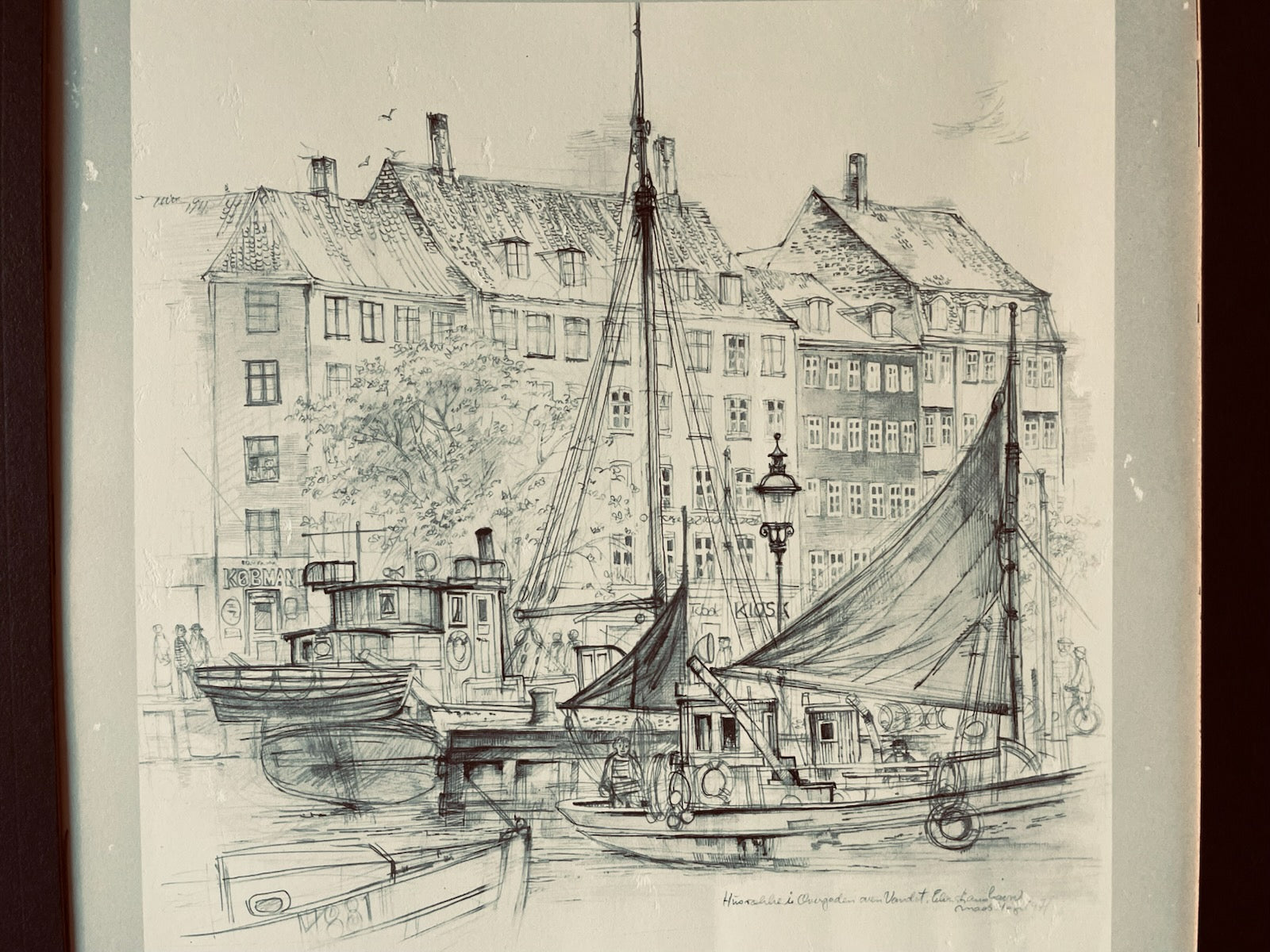 Two Black and White Danish Prints Tivoli Garden Harbor Scene Denmark Copenhagen