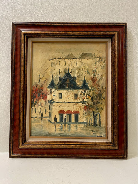 Impressionist Red Awning Architectural Artist Signed Oil On Canvas