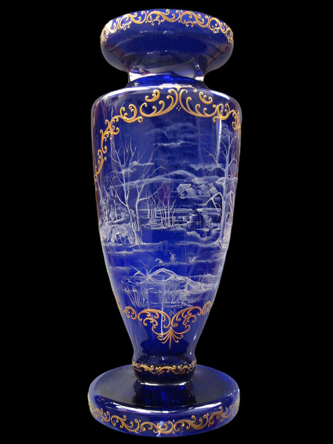 Snow Painted Cobalt Blue Glass Vase Gold Scrolled Relief Outdoor Scene