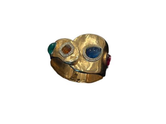 Multi Colored Geometric Glass Gems  Cabochons Wide Cuff Bracelet