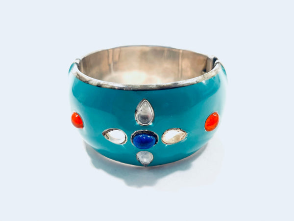 Turquoise Enamel Sterling Silver Studded Cabochon Signature Bangle Bracelet 