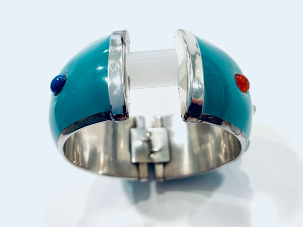 Turquoise Enamel Sterling Silver Studded Cabochon Signature Bangle Bracelet