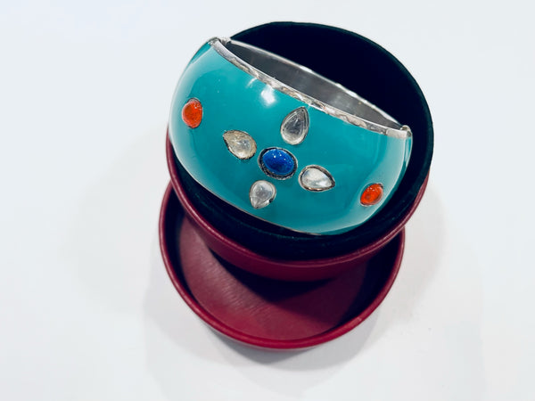 Turquoise Enamel Sterling Silver Studded Cabochon Signature Bangle Bracelet
