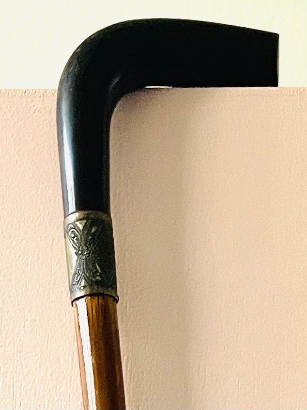 Art Deco Monogram Cane With Decortive Metal Ring Handle 
