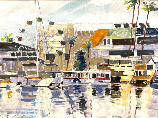 Impressionist Ferris Wheel House Boat California Art Oil On Panel Signed RICE