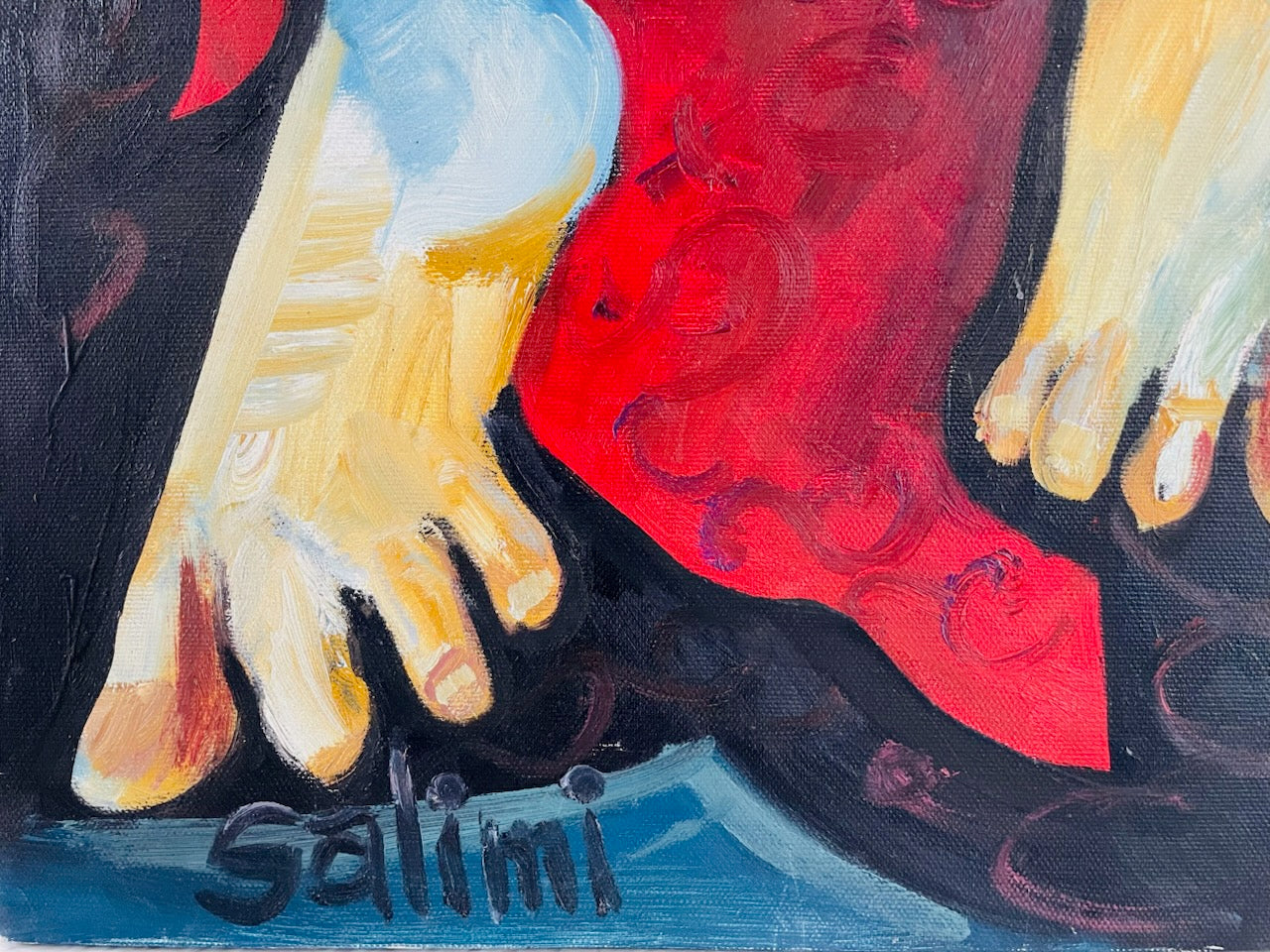 Artistic depiction of feet with red fabric and 'Salimi' signature