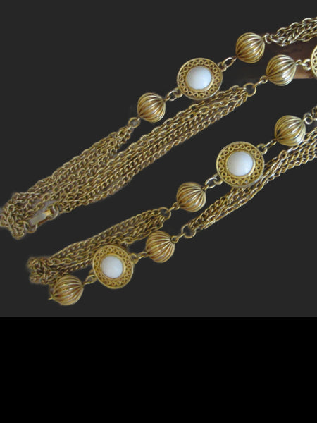 White Summer Milk Glass Beads Golden Link Chain Necklace